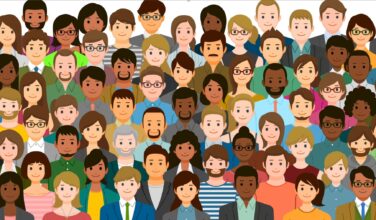 cartoon veel verschillende mensen, kleurig geheel