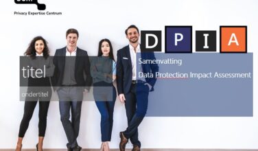 Foto met DPIA voorblad van een rapportage met vier mensen die tegen een muur leunen.