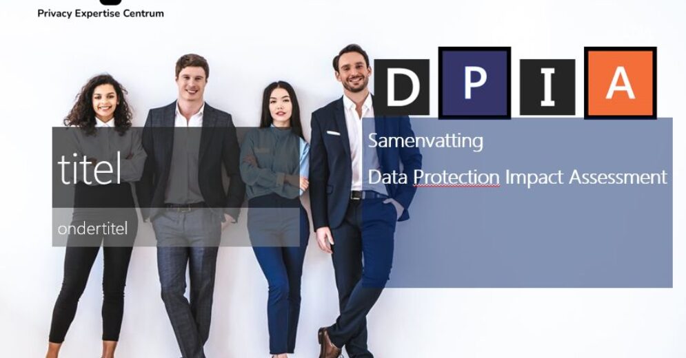 Foto met DPIA voorblad van een rapportage met vier mensen die tegen een muur leunen.