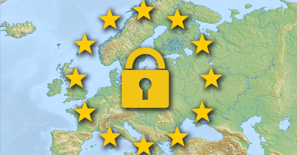Kaart van Europa met de sterren in een cirkel en een gesloten slotje in het midden - AVG 7 jaar