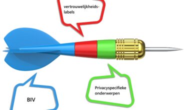 Privacy-risicoinschatting in drie stappen (verbeeld met een dartpijl in drie kleuren), BIV, vertrouwelijkheidslabels en privacyspecifieke onderwerpen