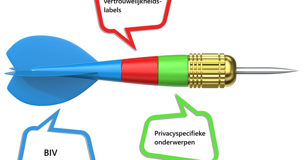 Privacy-risicoinschatting in drie stappen (verbeeld met een dartpijl in drie kleuren), BIV, vertrouwelijkheidslabels en privacyspecifieke onderwerpen