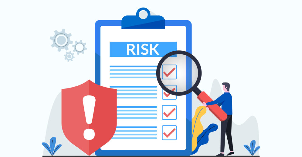 risicoanalyse uitgebeeld in cartoon met checklist met de titel 'risk'